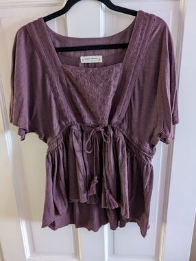 Lucky Brand Women's Mauve Lace-Trim Peplum Tie-Front Top